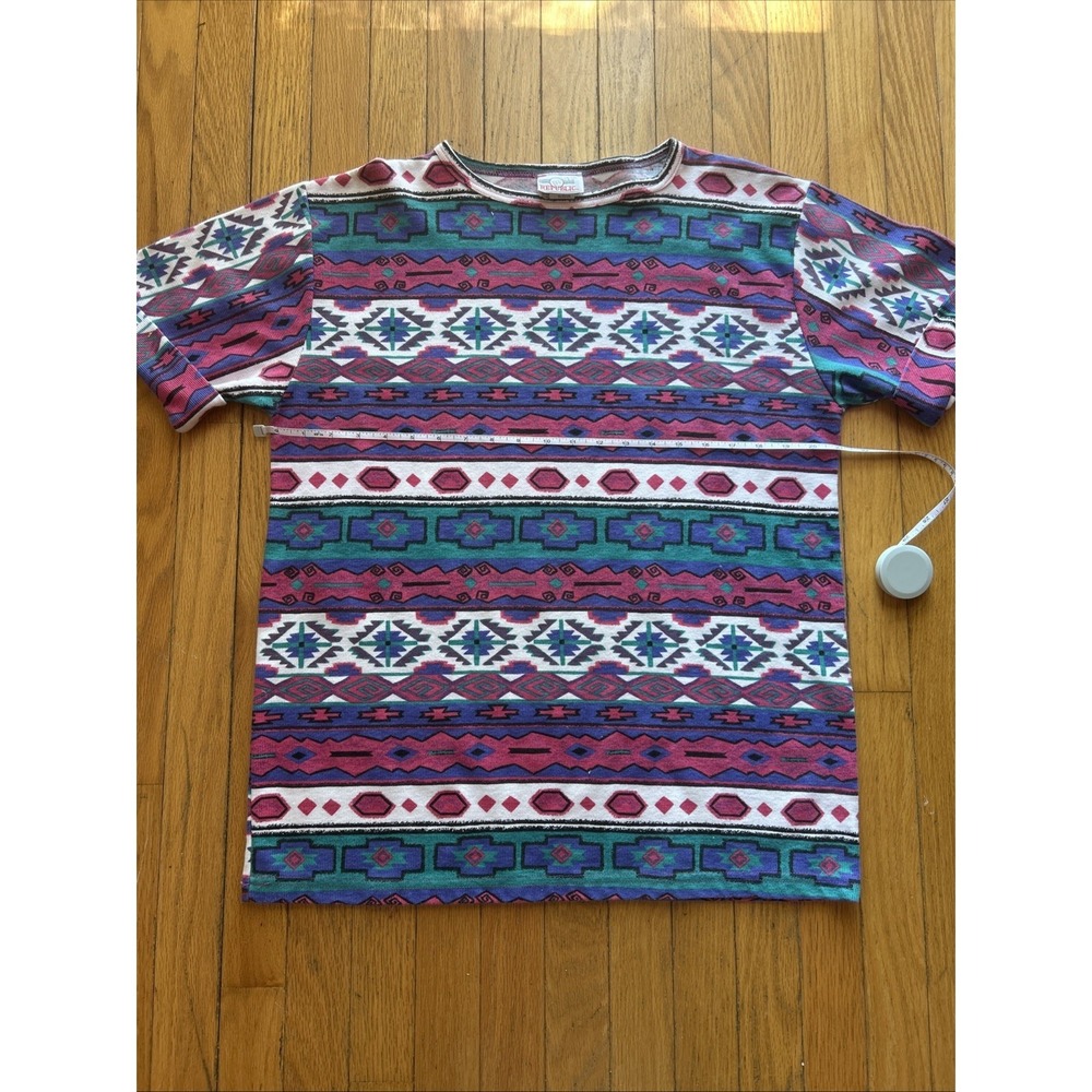 Vintage 80s 90s Tribal Aztec Shirt Womens Medium 21x28 Purple Teal